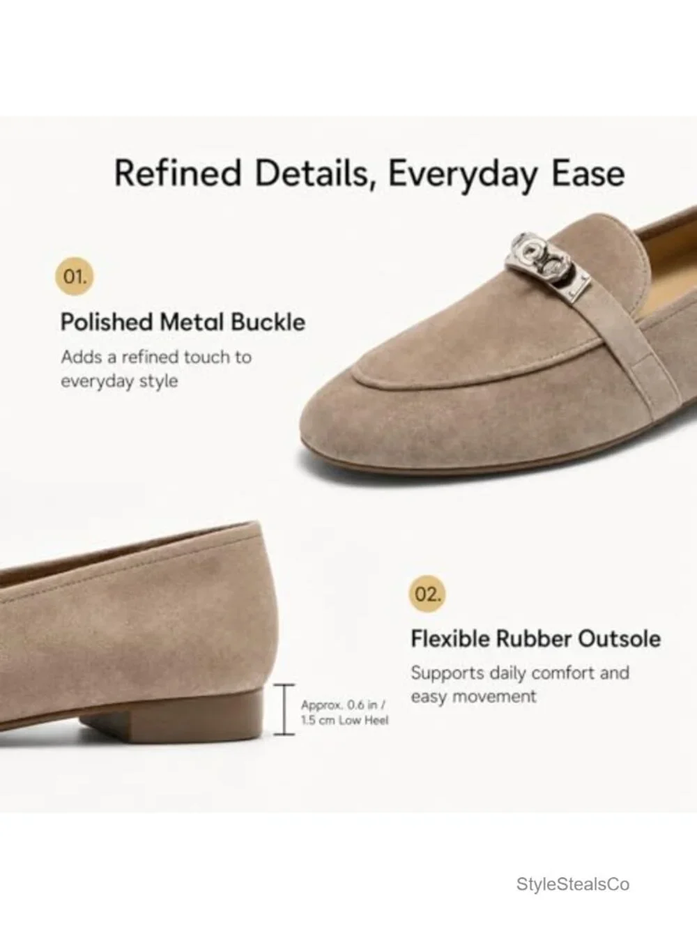 Suede Leather Loafers with Metal Buckle Slip-On Dress Flats Low Heel Work Shoes